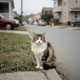 a fluffy cat sitting on the corner of a front yard on a residential street in the 1930s