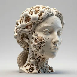 an intricate and extremely detailed sculpture of a female head made of bosons