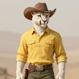 beautiful portrait commission of a male Furry Anthro albino mountain lion Fursona wearing a yellow button-down shirt, olive green slacks in a desert western town. Atmospheric. Renowned character illustration by greg rutkowski, thomas kindkade, alphonse mucha, loish, norman rockwell. detailed, inked, western comic book art