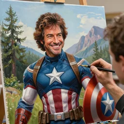 a closeup photorealistic photograph of bob ross working on a canvas painting of captain america. happy trees, mountain scape. film still. brightly lit scene. this 4 k hd image is trending on artstation, featured on behance, well - rendered, extra crisp, features intricate detail, epic composition and the style of unreal engine.