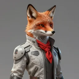 hyperdetailed anthropomorphic fox wearing a pale gray sci fi flight jacket and red handkerchief, unreal engine, digital painting, sharp focus illustration, artstation hq. intricate, elegant, low angle medium shot, art by artgerm and wlop and magali villeneuve