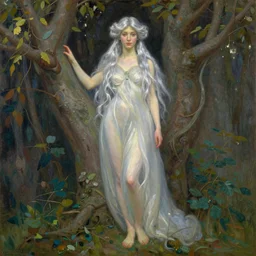 beautiful oil painting full body portrait of fairy princess soft skin silver hair standing in tree by Noah Bradley Alphonse mucha