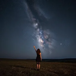 a beautiful landscape of a starry sky with an beautiful woman waving to the horizon, cinematic, dramatic, color grading, photojournalism, colorful, highly detailed
