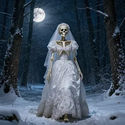 skeleton in a wedding dress walking in the forest at night. full moon. hyper detailed. soviet propaganda. socialist realism. beautiful and eerie. it is snowing