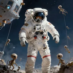 art by moebius, astronaut near a spaceship, cables hanging around, small alien creatures skittling, 4 k