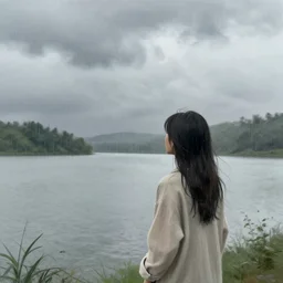 a sketch drawing, she looks at the lake, it's raining, many clouds, trending on artstation