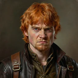 portrait painting of a scowling dieselpunk ron weasley, sharp focus, award - winning, trending on artstation, masterpiece, highly detailed, intricate. art by josan gonzales and moebius and deathburger