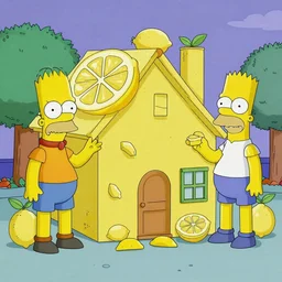 the simpsons in a house made of lemons, they all have really long legs, smurfs