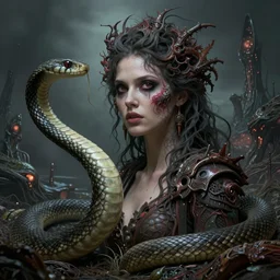 ultra realist intricate detailed portrait of an attractive female turning into a snake in an alien landscape, insanity, accurate features, apocalyptic, very intricate details, 8 k resolution, dim lighting, volumetric lighting, artstyle, zdzisław beksinski and keith thompson, award winning