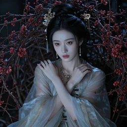 photography of the asian queen sitting in the flower thorn, beautiful face, masterpiece costume, jewellery, high quality, elegant, emotionally touching, cool, deep gaze, mystery, tenderness, joe mcnally style