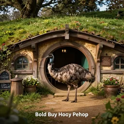 an emu in the middle of a hobbit tavern