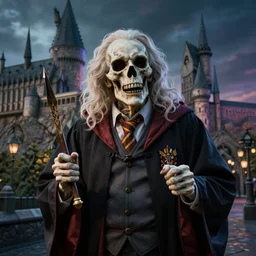 Death as a scary, but quirky professor in Hogwarts School of Witchcraft and Wizardry, detailed, hyperrealistic, colorful, cinematic lighting, digital art by Paul Kidby’
