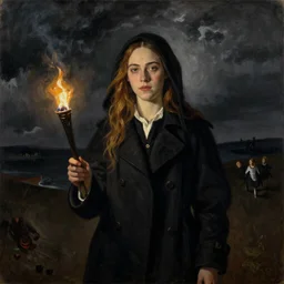 Elle Fanning in a black coat, religious masterpiece portrait, oil on canvas, dark stormy night, the only light is from a lit torch, in the world of Andrew Wyeth and Bloodborne, artstation, by J. C. Leyendecker and Peter Paul Rubens,