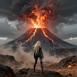 volcano eruption post apocalyptic scene with a long - haired blonde cyber girl standing alone futuristic mars mad max bladerunner stormy weather