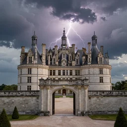 hyper realistic photo, well maintained castle, far away - shot from the front gate courtyard with lightning in the background