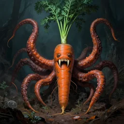 a carrot with teeth fangs tentacles h r giger hieronymus bosch greg rutkowaki gustave dore cinematic mood lighting atmospheric ambiance