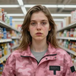 a gandy brodie painting of the horrors of a woman wearing pink camouflage in walmart