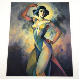 ( ( strong dither ) ), illustrated portrait a woman like reol, modern art deco, dynamic pose, colorful, moody, mads berg, ( ( murata range ) ), detailed features, dynamic composition, wide angle, matte print, volumetric, fog, dramatic lighting, halftone, stippled light, risograph, 4 k