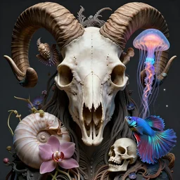 goddess close-up portrait ram skull. jellyfish phoenix head, nautilus, orchid, skull, betta fish, bioluminiscent creatures, intricate artwork by Tooth Wu and wlop and beeple. octane render, trending on artstation, greg rutkowski very coherent symmetrical artwork. cinematic, hyper realism, high detail, octane render, 8k