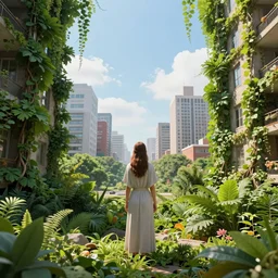 a god looking at an overgrown city, overgrowth of foliage and vines, photorealistic, colorful, wide angle