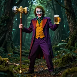 robert de niro as medieval joker crazy colorful clothing with a heavy golden mace in his left hand and a beer jug in his right hand, full body portrait, in a dark forest, octane render, trending on artstation, superhighresolution, art by wlop and greg rutkowski, rule of thirds, golden ratio, ambient lighting