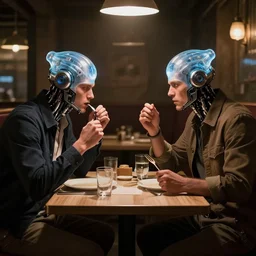 two cyborgs with plasma ball heads and normal human bodies and clothes having an awkward dinner date in a dimly lit cafe. intricate, highly detailed, dramatic lighting, anton pieck, william henry hunt, trending on artstation