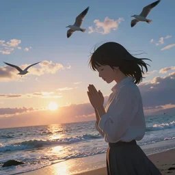 beautiful photograph of a young woman praying by the pacific ocean, sunrise, birds, epic, cinematic lighting, dramatic angle, 8k hdr pixiv dslr photo by Makoto Shinkai and Wojtek Fus