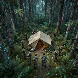 small group of female soldiers, searching through iridescent woods, makeshift camp, aerial photography, eerie, beautiful, stunning, intricate detail, cinematic, unreal engine, concept art, photorealism