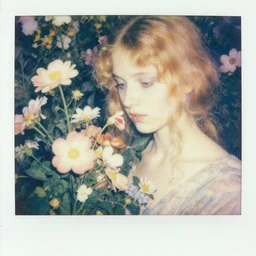 close up of a girl morphing into flowers, watercolor vintage polaroid by gottfried helnwein, by hammershøi, art noveau, highly detailed, lights by edward hopper, liminal, eerie, bright pastel colors