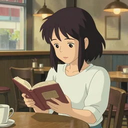 a young woman reading a book in a cozy coffee shop, anime key visual, anime screenshot, artstation, studio ghibli