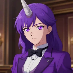 beautiful anime woman with purple hair, ( ( ( ( ( unicorn horn ) ) ) ) ) ( ( ( purple eyes ) ) ), a purple tuxedo, sharp focus, intricate, cell shaded, award winning photography, cinematic, digital painting, cinematic, wlop, 8 k, by ross tran, tom bagshaw