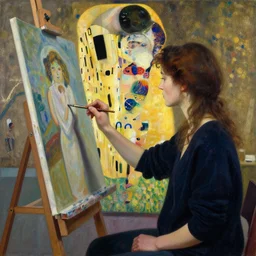 painting of a woman painting a self portrait in her art studio by james jean, yukio - e, klimt