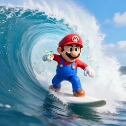 head on medium view of mario surfing and drinks a big martini, surfing inside the tube of a very large wave that's about to collapse. highly detailed, professional high quality 4 k, action shot, dramatic lighting, unreal, cinematic, photorealistic, 3 d render