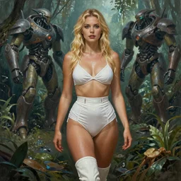 A mixed media portrait painting of a beautiful blonde woman exploring an alien jungle planet, very curvy, aesthetic! high-waisted white-bikini-armor and boots, aesthetic symmetrical face and eyes, model, Scandinavian, wet, discarded mechsuit in background, by Alphonse Mucha, Boris Vallejo, Beeple, Frank Frazetta, Greg Rutkowski, Christian MacNevin,  epic fantasy character art, high fantasy, CGsociety, exquisite detail, post-processing, masterpiece, cinematic
