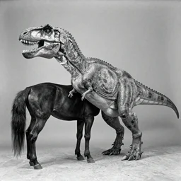 t rex and a [ [ horse ] ] wearing heels, strange, black and white photograph, 1 8 5 0 s