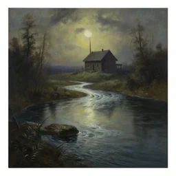 painting of a horror river. in the distance, there is a haunted shed. by bob ross, albert bierstadt, immaculate scale, hyper - realistic, trending on artstation, 8 k, detailed, atmospheric, immaculate