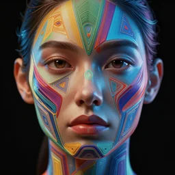 woman face as colorful geometric patterns, futuristic, intricate, volumetric dramatic light, dark black background, sharp focus, highly realistic, octane render