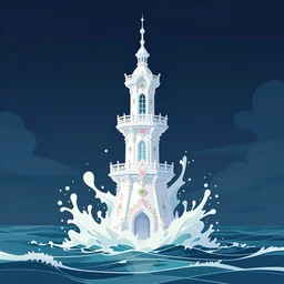 a delicate ornate white fantasy tower with pink and green decoration splashes upwards from a turbulent ocean, dramatic lighting, rich colors, clean cel shaded vector art. shutterstock. behance hd by lois van baarle, artgerm, helen huang, by makoto shinkai and ilya kuvshinov, rossdraws, illustration, art by ilya kuvshinov