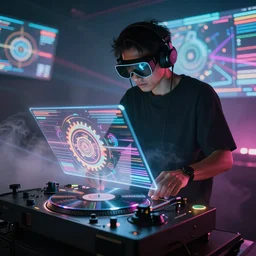 a person wearing goggles and visor and headphones using a retro record player contraption, hologram, turntablism dj scratching, light trails, screens, smoky atmosphere, intricate planetary gears, cinematic, imax, sharp focus, leds, bokeh, iridescent, black light, fog machine, hazy, lasers, hyper color digital art
