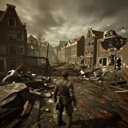 De Dam in Amsterdam in ruins post-nuclear war in Fallout 4, in game screenshot