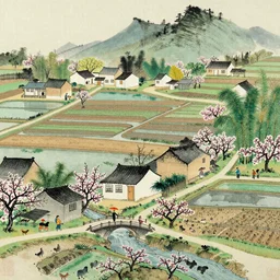 countryside of china. a small bridge, several cottages, with a stream flow. peach blossom.  Flat and wide land with neat rows of houses. Fertile fields, beautiful ponds, and mulberry and bamboo forests. The paths between the fields were intertwined, and the cries of chickens and dogs could be heard everywhere. People were working in the fields, and they were happy and comfortable. traditional Chinese painting.