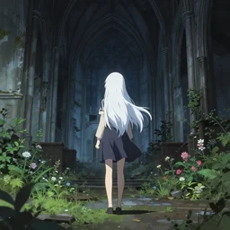 anime kyoto animation key by greg rutkowski night, single white hair girl from behind, in abandoned chapel with overgrown flowers and plants