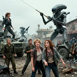 color! cinematic still from 2 0 1 1 hollywood action!! scifi! blockbuster. dark fantasy in dirty seaside town. a globster. grappling!!! hybridizing! alien - robot invasion. frightened casually - dressed refugees. alien military vehicles and weapons. youthful linda hamilton with youthful sigourney weaver ( in military uniforms ).