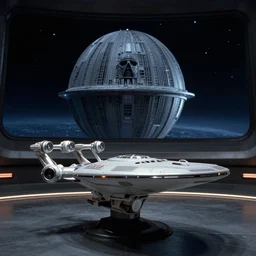 the deck of the star trek uss enterprise with the star wars death star 2 on the viewscreen, cinematic, film still