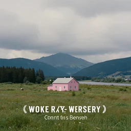 still frame from a wes anderson movie of a meadow with a small pink farm house with a river and mountains, massive clouds, 1 6 mm f 1. 4 lens, nikkor, canon, sigma, award - winning landscape photography