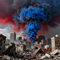 destroyed american city, dystopian, war, real, thick vivid blue smoke, red clouds, detailed, award winning, masterpiece, photograph, cinematic