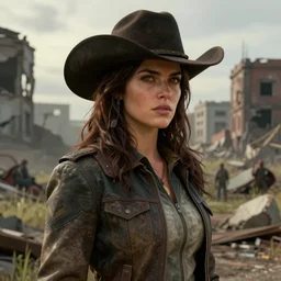 fallout 5, charismatic beautiful, rugged, brunette female protagonist wearing a cowboy - hat, portrait, outdoors ruined cityscape, atmospheric lighting, painted, intricate, volumetric lighting, beautiful, spring, daytime, slight overcast weather, sharp focus, fresh, deep colours, ultra detailed, by leesha hannigan, ross tran, thierry doizon, kai carpenter, ignacio fernandez rios