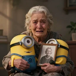 old grandmother minion crying as she holds a picture of a young minion