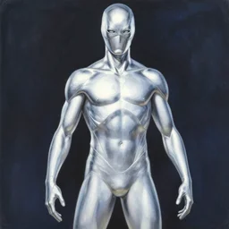 movie poster, comic book page, oil painting, of a silver, silver surfer, space, by hajime sorayama