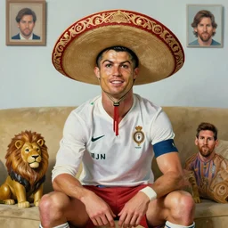 portrait of cristiano ronaldo wearing a sombrero on his head, sitted on the couch with a lionel messi figurine, painted by greg rutkowski and noriyoshi ohrai and michael kaluta, 8 k, high quality